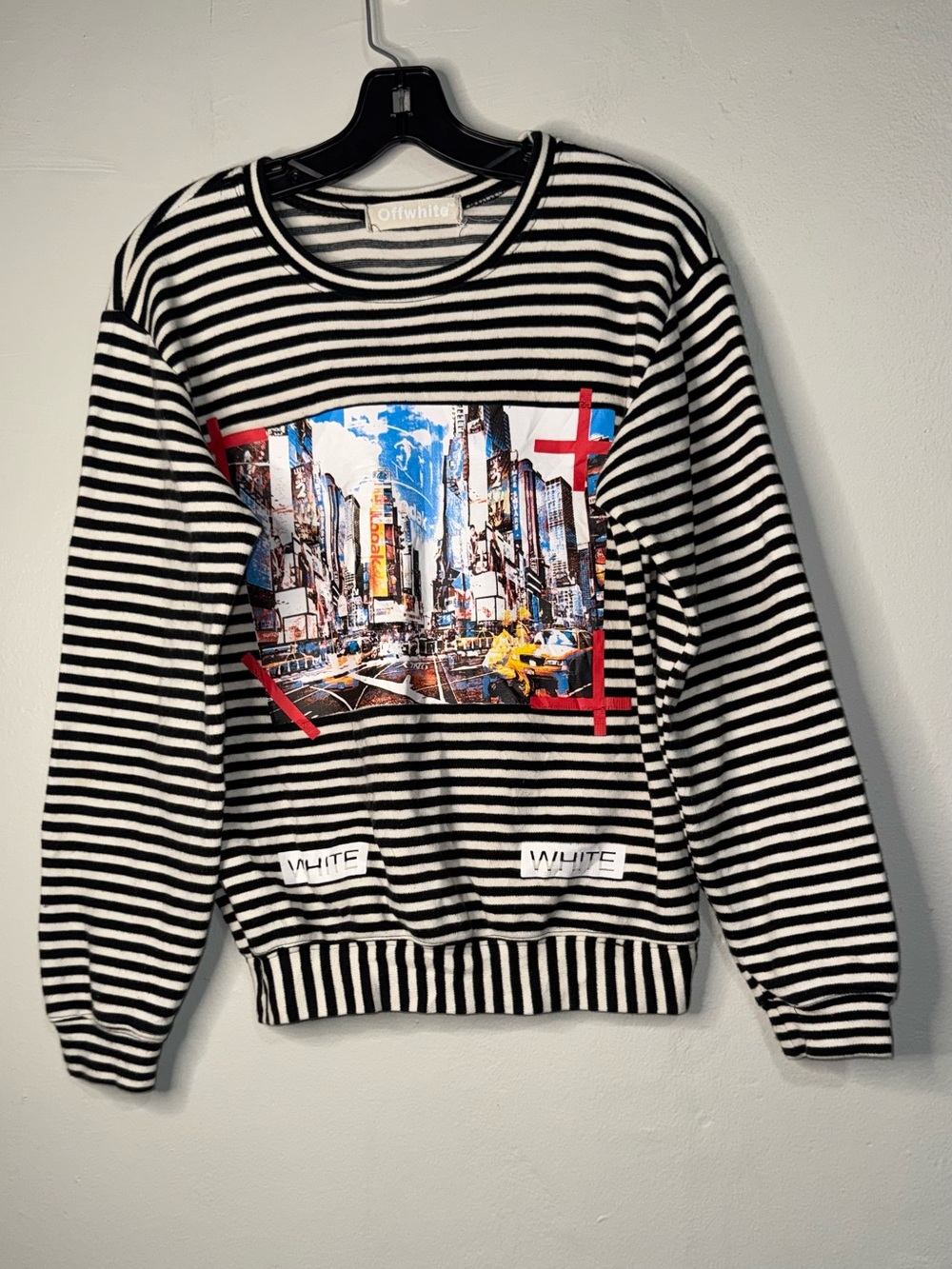 Off-White Black & White Striped Crewneck with Multicolor City Graphic